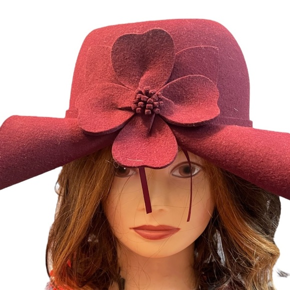 Adora Women's Wool Felt Floppy Fedora Hat with Folded Bow Burgundy OSFA - Picture 1 of 8